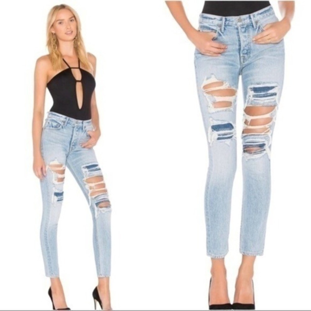 GRLFRND x Revolve Jeans Karolina High Rise E Street Distressed‎ Blue Denim NEW